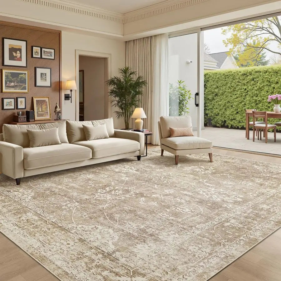 8x10 Area Rugs for Living Room, Machine Washable Vintage Natural Rug with NonSlip Backing, Soft Large Throw Rug, Thin Carpet for