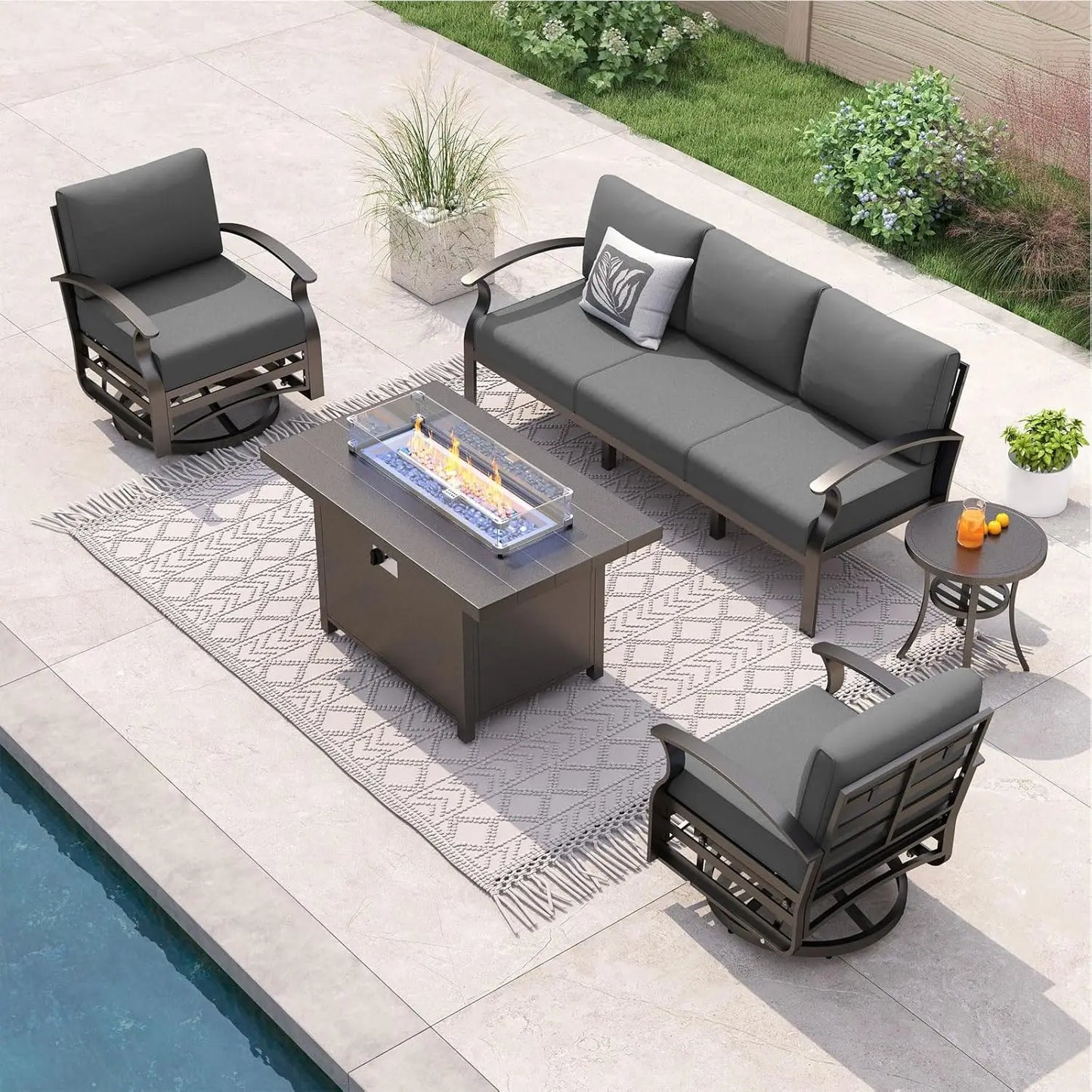 Aluminum Patio Furniture Set with Propane Fire Pit Table 5-seat Metal Outdoor Furniture w/Fire Pit Patio Sectional, Customized