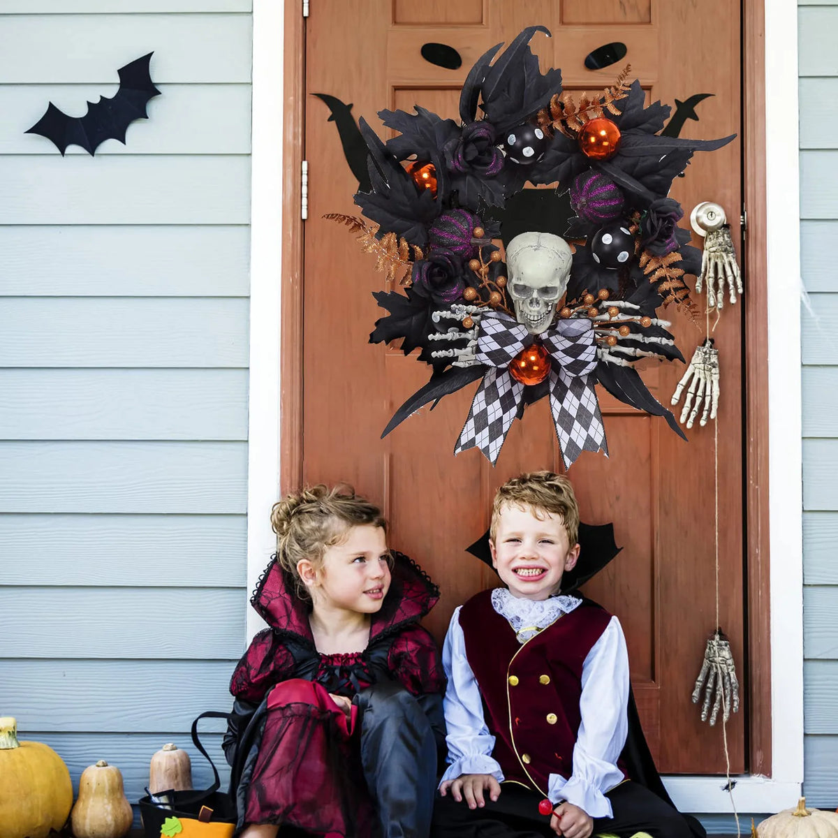 20in Halloween Skeleton Wreath Gothic Skull Hands Black Feathers Pumpkins Front Door Porch Wall Window Party Decor Indoor Outdoor