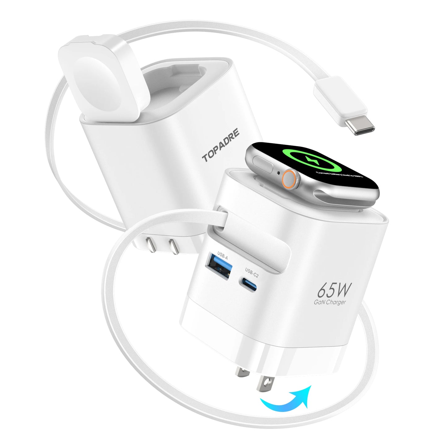 TOPADRE Retractable 65W For Apple Watch Wireless Charger, Rapid Charging for Macbook, for iPhone, iPad Smartphone, Foldable