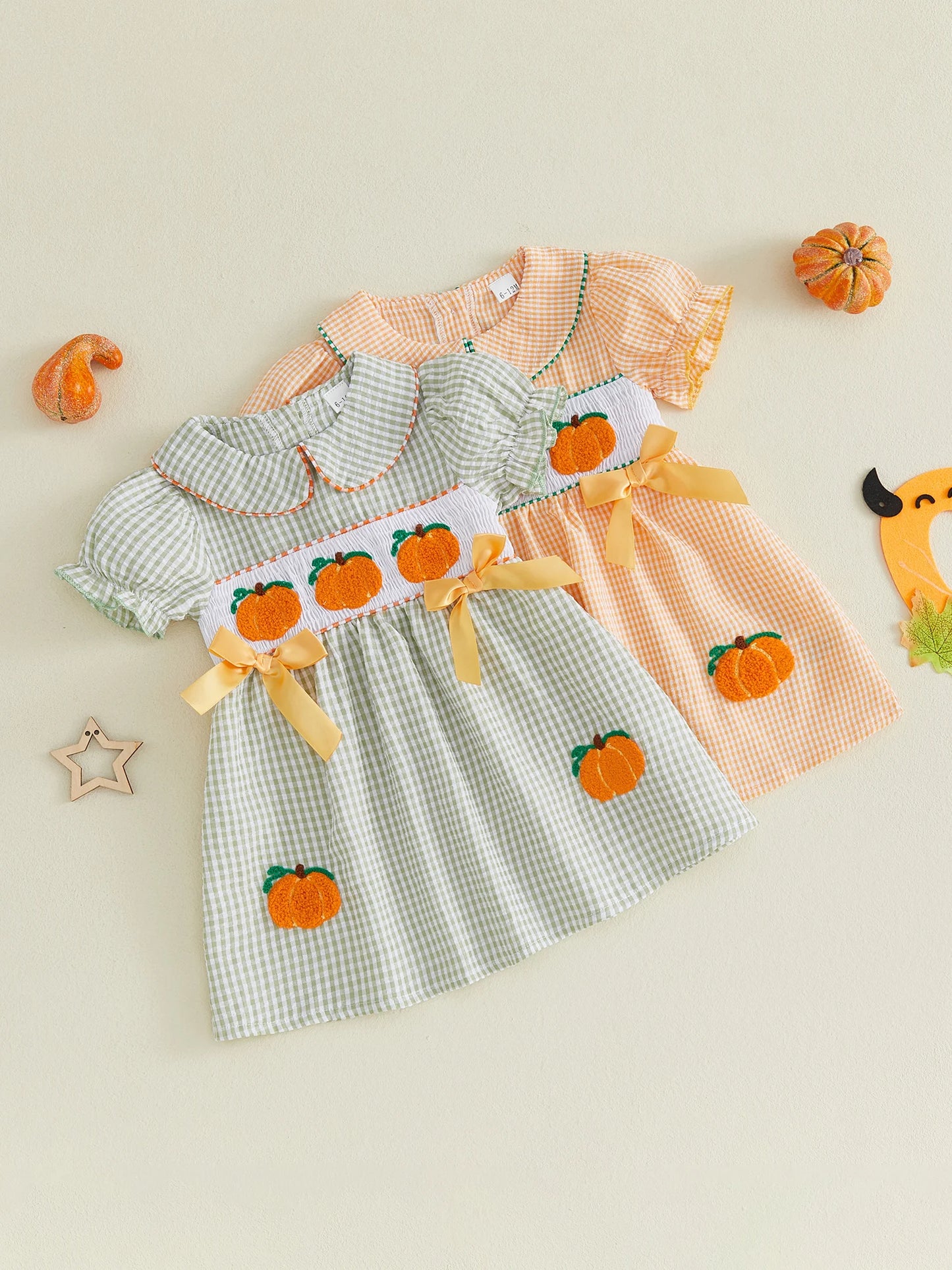 Baby Girls Halloween Costume Pumpkin Embroidered Doll Collar Short Sleeve Dress Toddler Plaid Dress with Bow