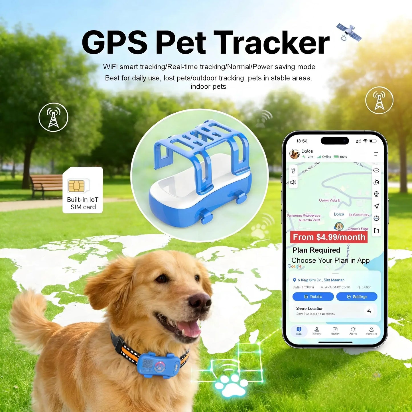 GPS Pet Tracker Plan Required 4G Built-in SIM with Real-Time Tracking, WiFi Home Positioning, IP67 Waterproof for Dogs & Cats