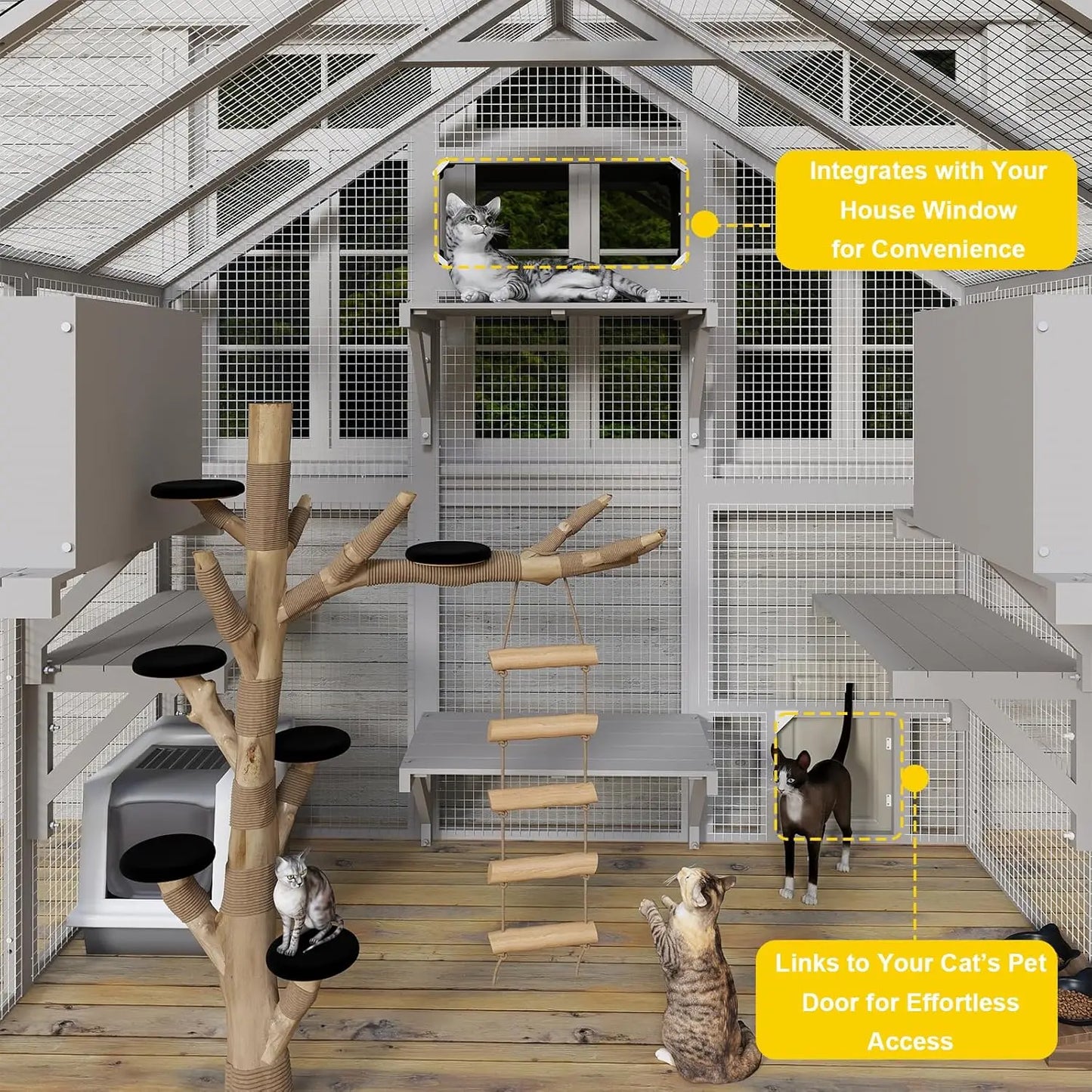 71" H Catio Outdoor Cat Enclosure for Multiple Cats Large Wooden Walk in Cats House Outside Weatherproof Roof,Attached to