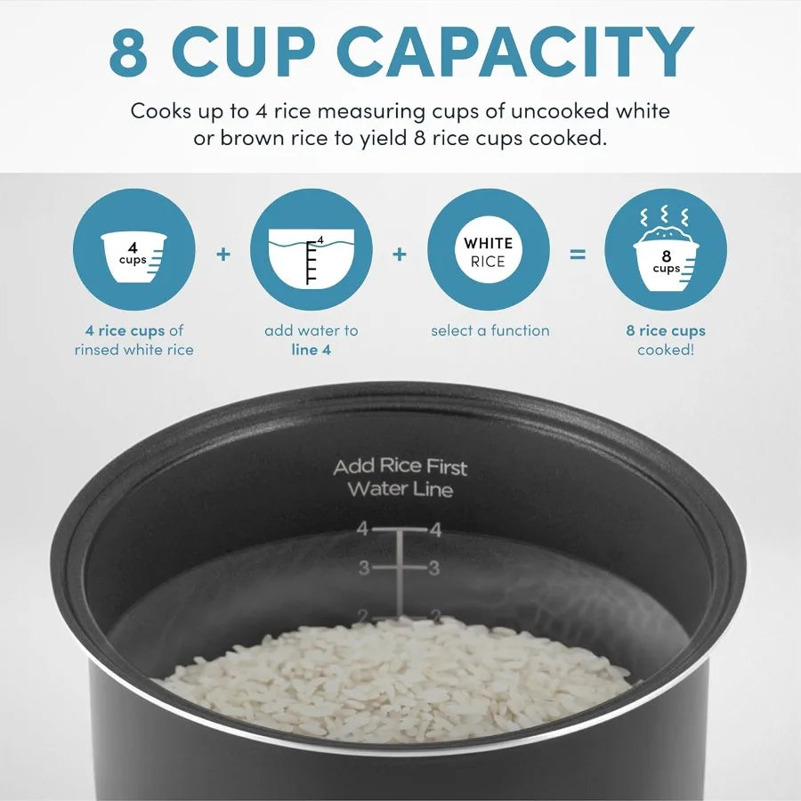 Digital Rice Cooker with 4-Cup Uncooked / 8-Cup (Cooked) Capacity Integrated Steamer Multicooker Functionality Slow Cooking Opt