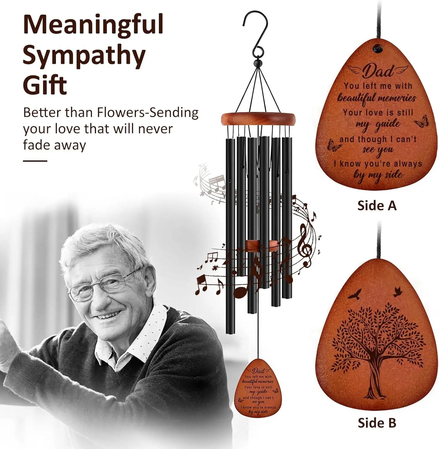 Memorial Wind Chimes for Dad, 25'' Outdoor Garden Decor with Soothing Melodic Tones and Mute Option