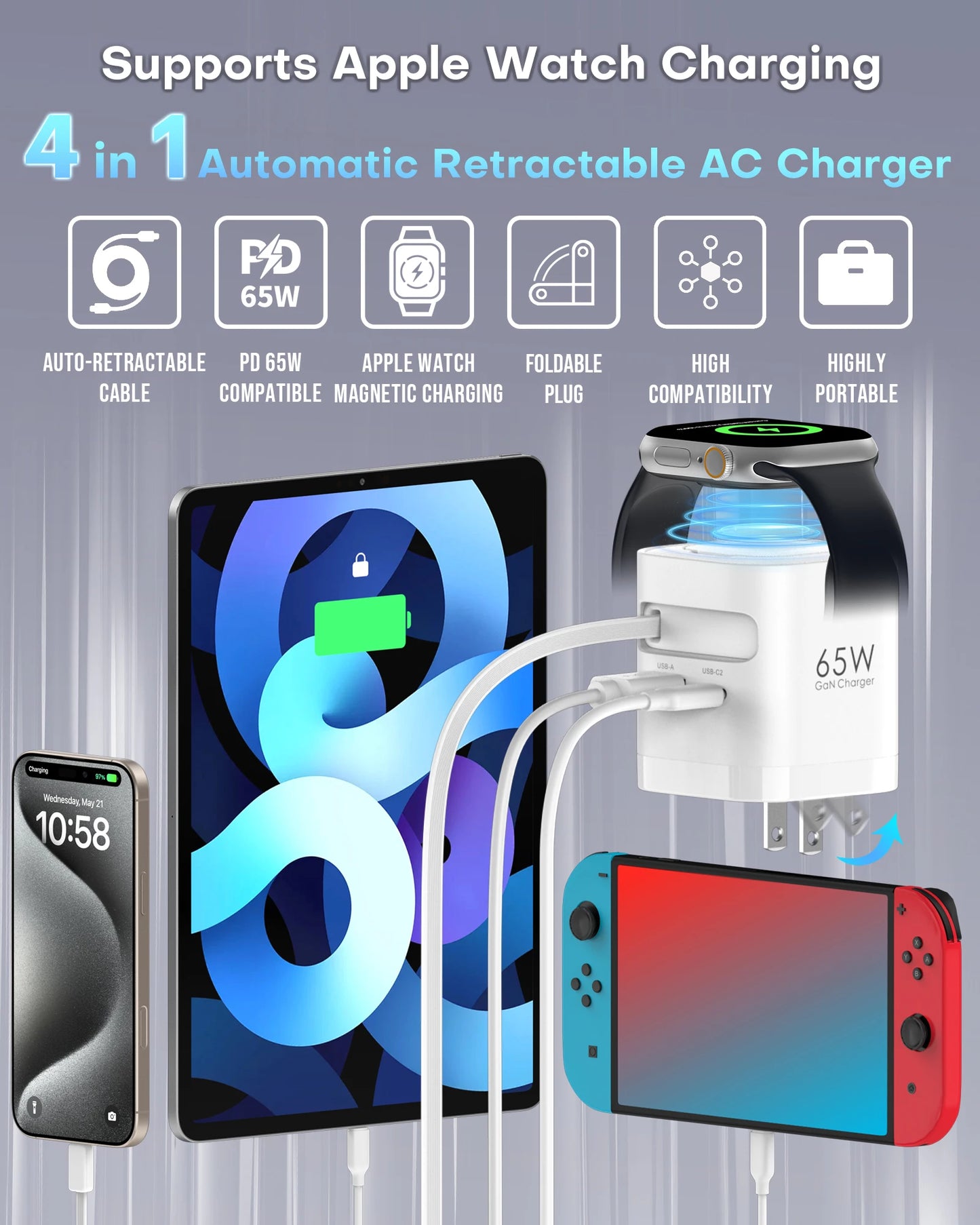 TOPADRE Retractable 65W For Apple Watch Wireless Charger, Rapid Charging for Macbook, for iPhone, iPad Smartphone, Foldable