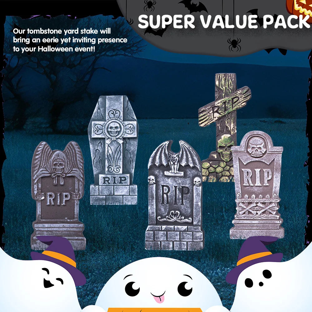 17'' Halloween Foam RIP Graveyard Tombstones, Halloween Tombstones Outdoor Decorations for Graves Decorations with 12 Metal Stakes for Cemetery Yard Lawn Party Decor