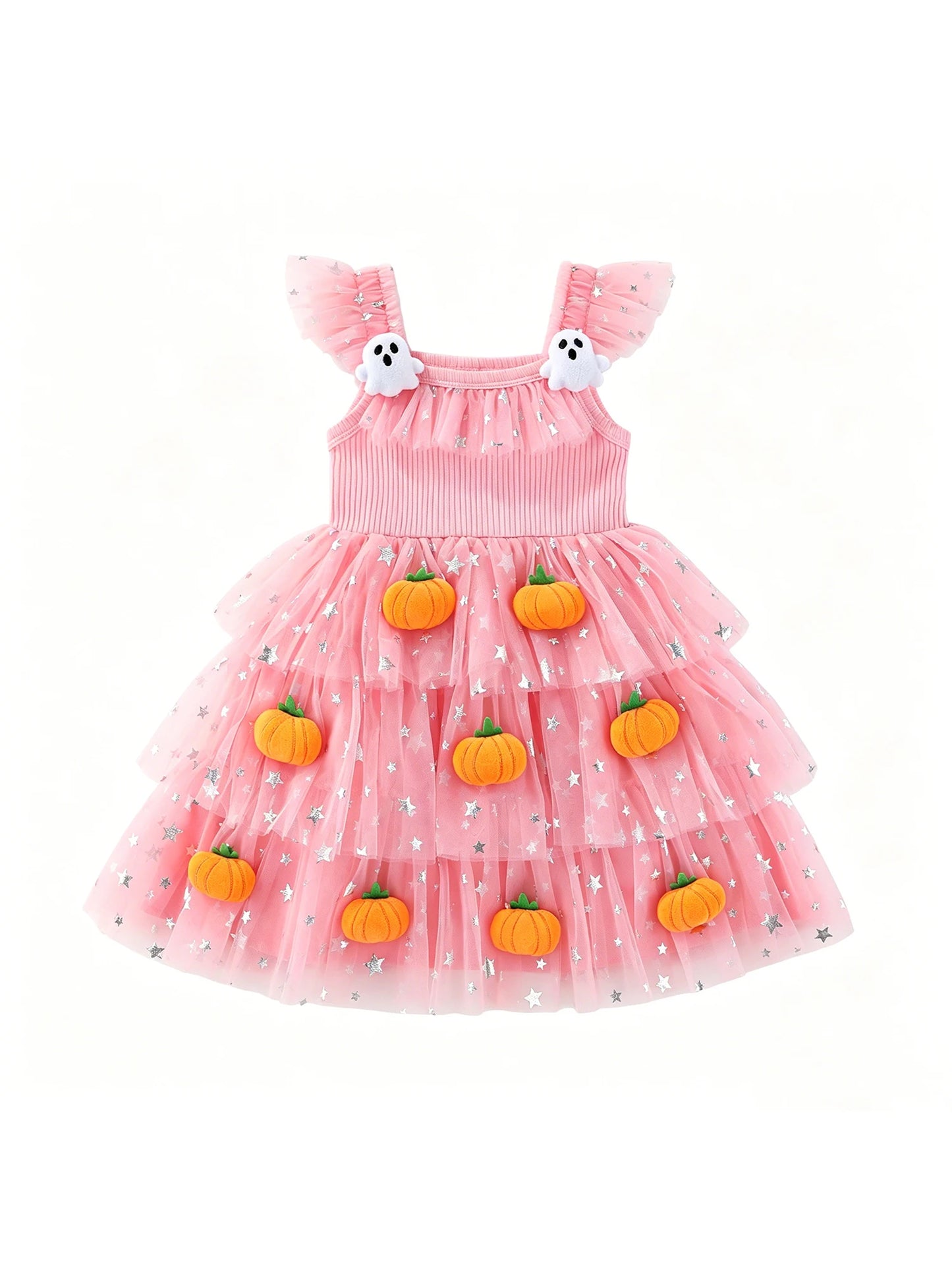 Toddler Halloween Costume Dress with Flutter Sleeves and Square Neckline Featuring 3D Pumpkin and Ghost Decorations Tiered