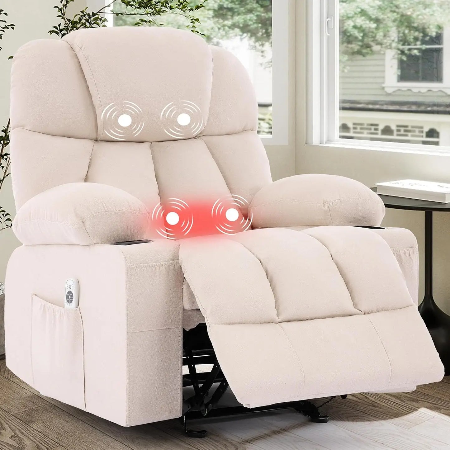 Massage Rocker Recliner Chair with Heat & Vibration Nursery Glider 4 Pockets 2 Cup Holders Fabric Beige, Customized