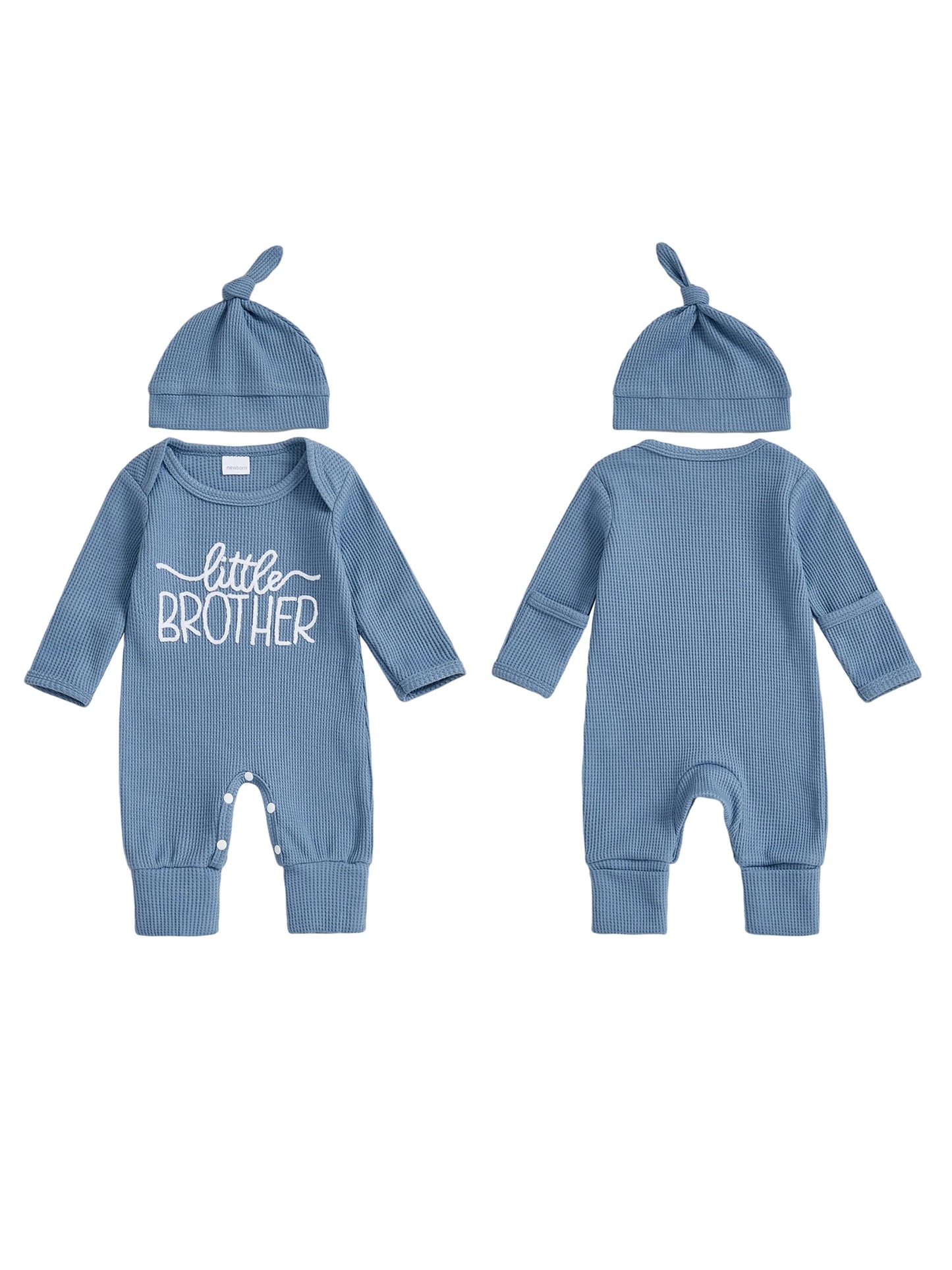 Infant Boy Romper and Beanie Set with Long Sleeves and Embroidered Letters - Adorable Newborn Outfit for Your Little One