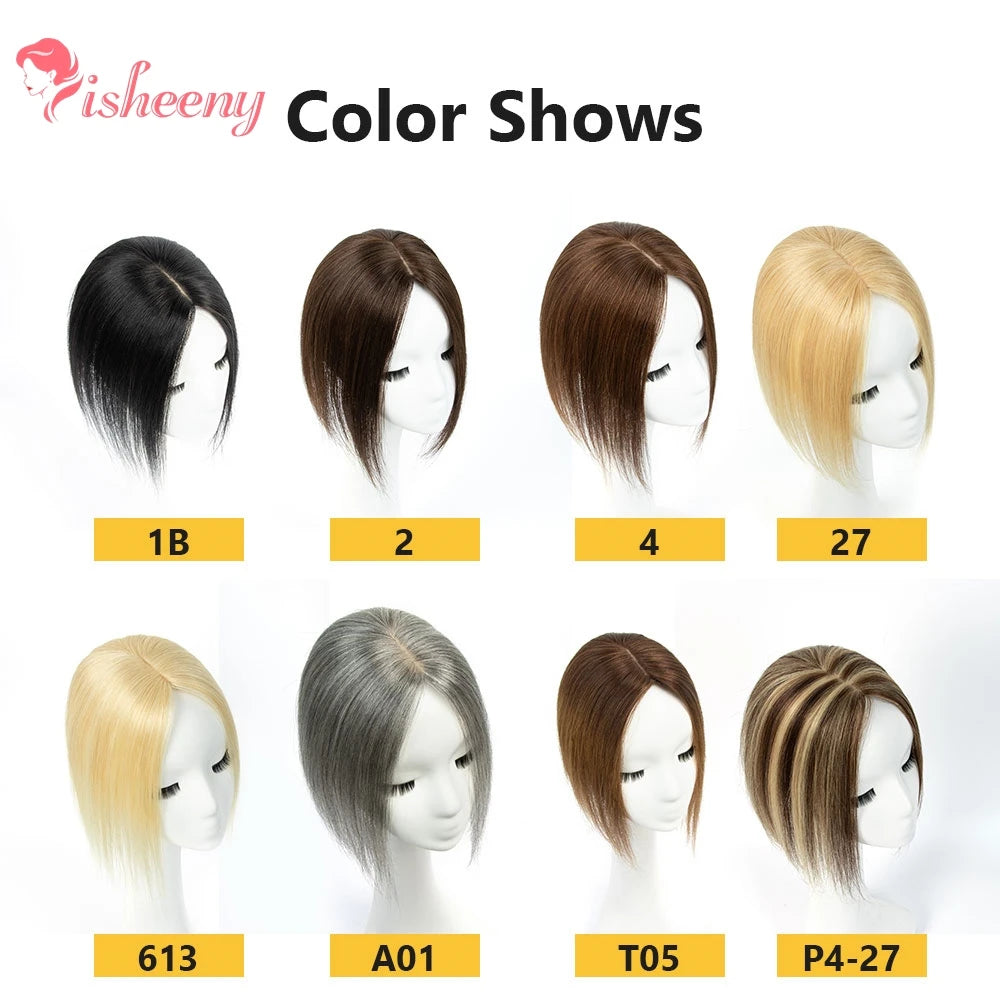 Human Hair Topper With Side Bangs For Women With Clips Straight Hair Toupee 7x11cm Elegant Style Clips In Topper Realistic Scalp