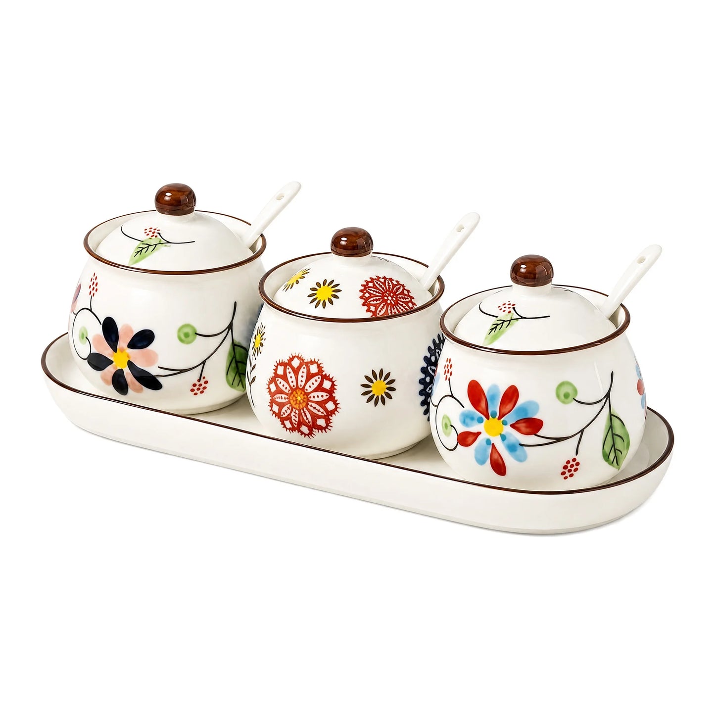 3-Piece Ceramic Spice Jar Set with Tray, Hand-Painted Japanese Vintage Seasoning Jars, Large Capacity 330ml Kitchen Storage Containers with Spoons, Non-Slip Base