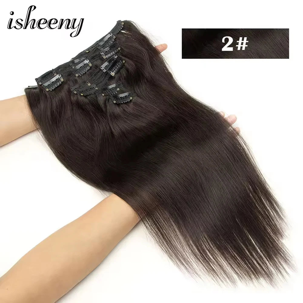 Clip In 100 % Human Hair Extensions Natural Straight 12-24 inches Clip Hair Extension Human Hairpiece 100-120g 7pcs/set isheeny