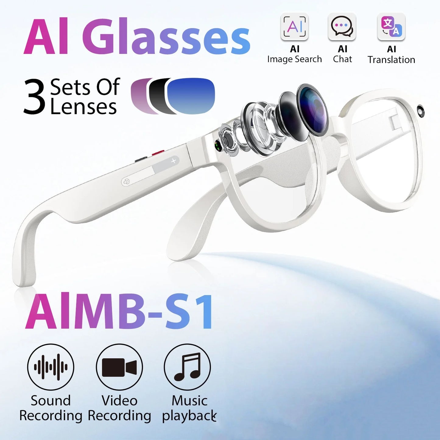 Gemirels new generation of high-value smart glasses, dual cameras, AI image recognition glasses, 2.07 million pixel photography, WIFI transmission, intelligent anti shake, 290mAh battery, translation glasses, camera glasses,