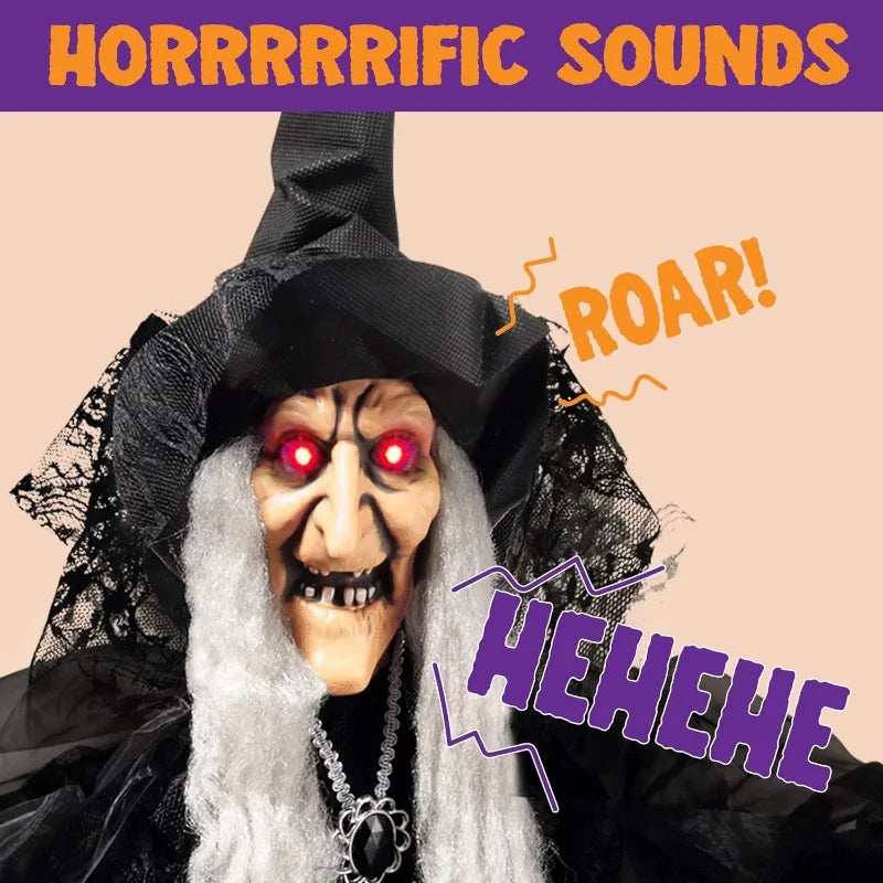 47'' Animated Witch Halloween Decorations Outdoor Indoor Scary Halloween Animatronics Decor, Hanging Ghost Talking Sound Activated Led Lights Eyes Haunted House Yard Garden Lawn