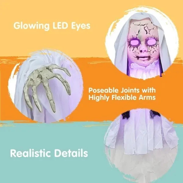 43" Outdoor Halloween Decoration, Scary Girl Hanging Ghost Decor Sound Activated with Light-up Head for Yard, Patio, Haunted House Lawn Garden