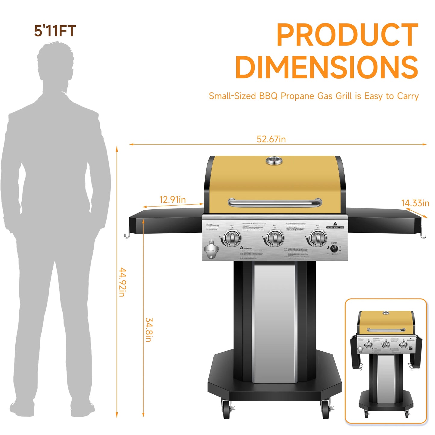3-Burner Propane Gas Grill with Warming Rack, 30,000 BTU Outdoor BBQ Grill, Foldable Side Tables, Tool Hooks & Easy-Roll Wheels