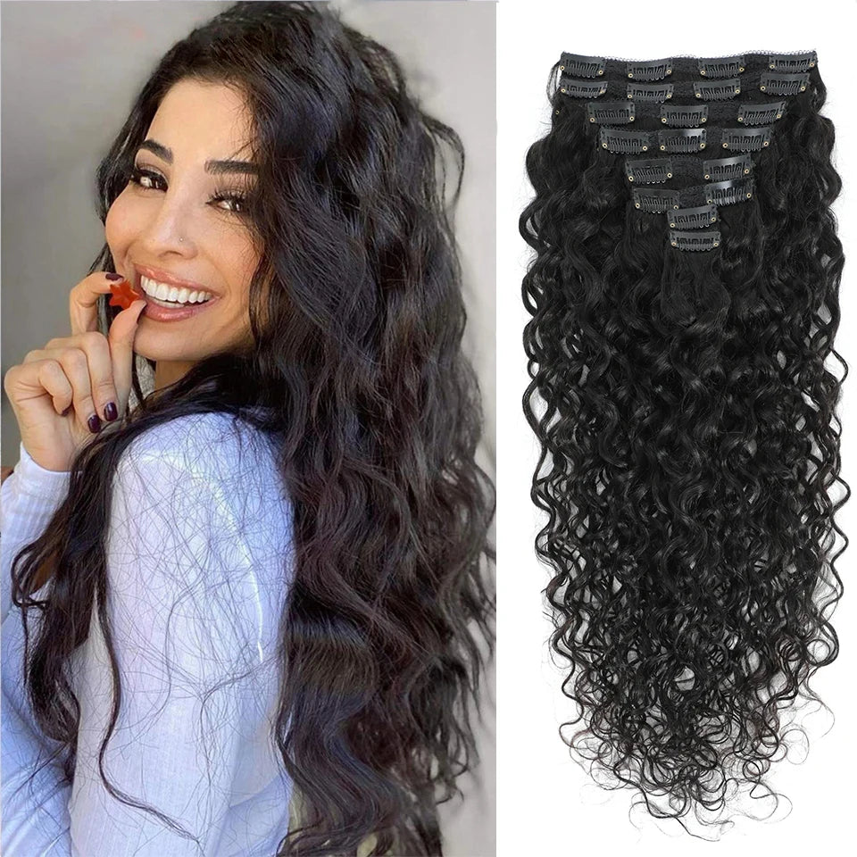 Indian Real Human Hair Water Wave Clip-in Extensions Deep Curly Brazilian Virgin Remy 8Pcs 120g Loose Deep Wave for Women Thick