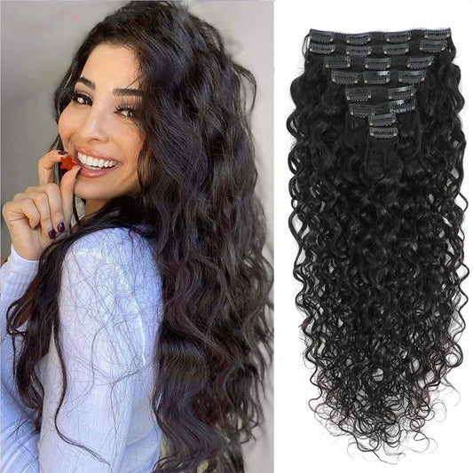 Indian Real Human Hair Water Wave Clip-in Extensions Deep Curly Brazilian Virgin Remy 8Pcs 120g Loose Deep Wave for Women Thick