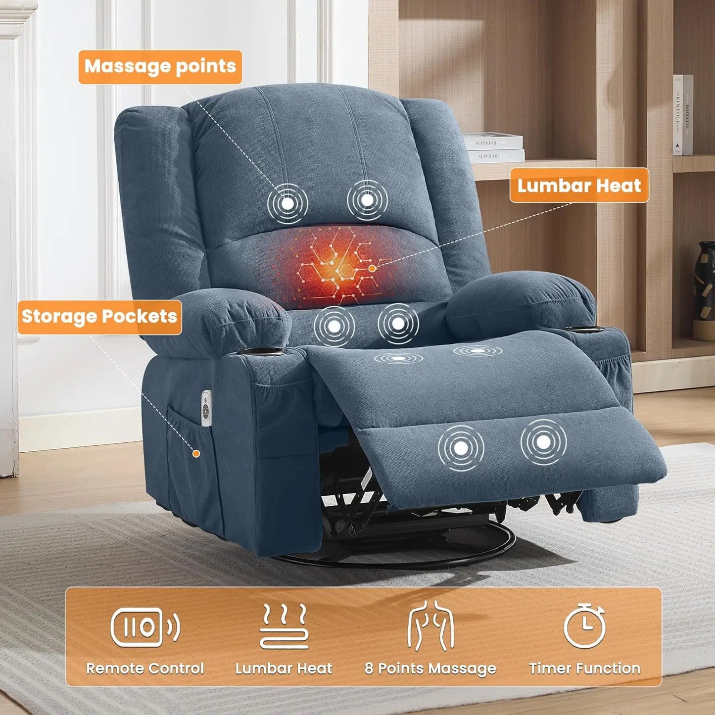 Oversized 360° Swivel Rocking Recliner Chair with Massage & Heat, Big Seat for Adults Living Room, Custom