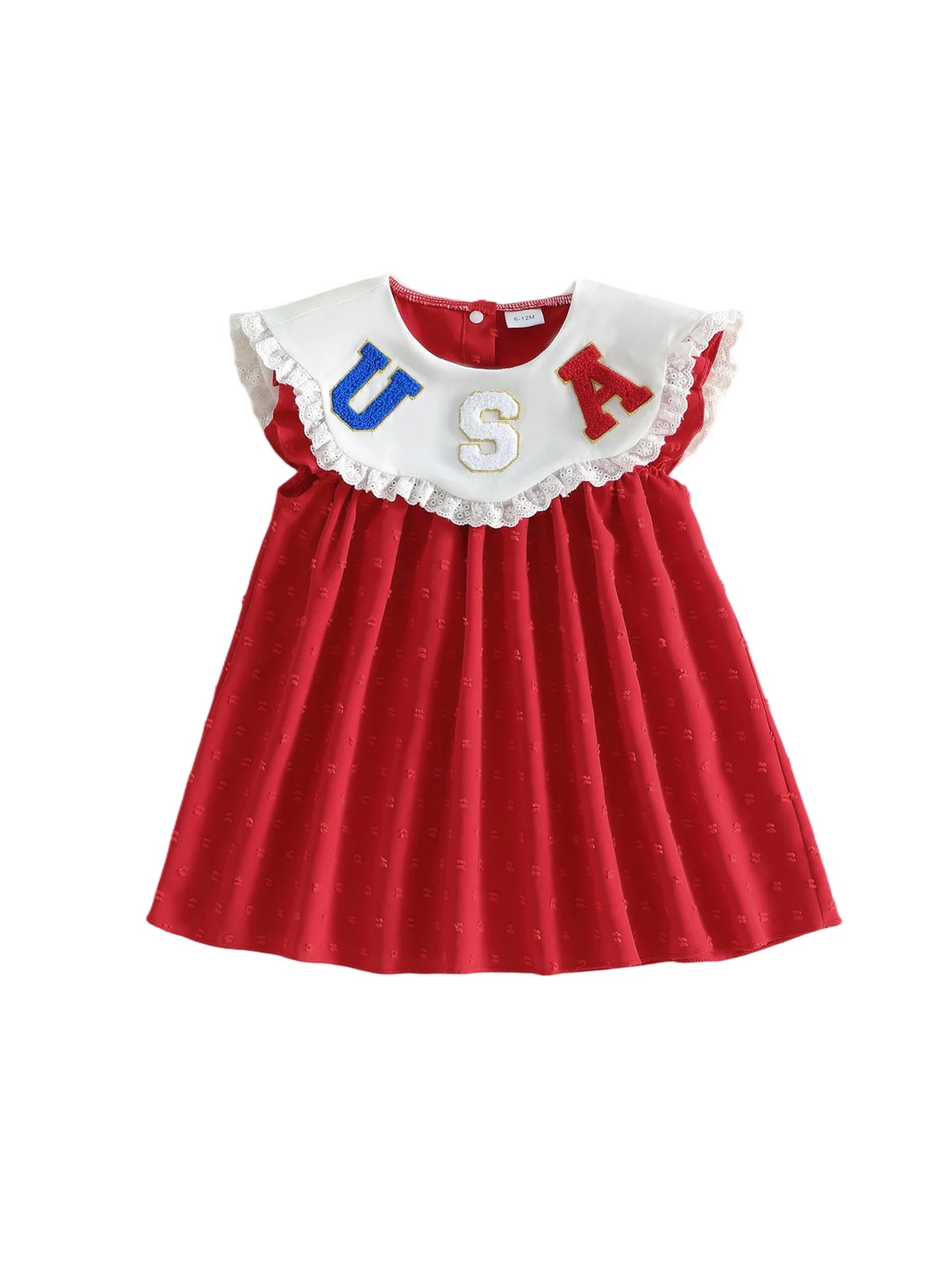 Toddler Girl s Patriotic Dress with Flutter Sleeves Crew Neck American Flag Bow Embroidery and A-Line Silhouette Perfect for