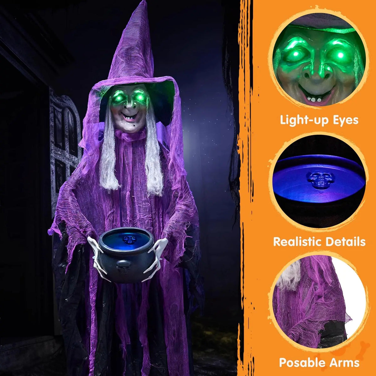 72” Halloween Decorations Standing Witch with Cauldron Scary Ghost Decor with Sound and Lights, Sound-Activated for Haunted House Yard Lawn Garden