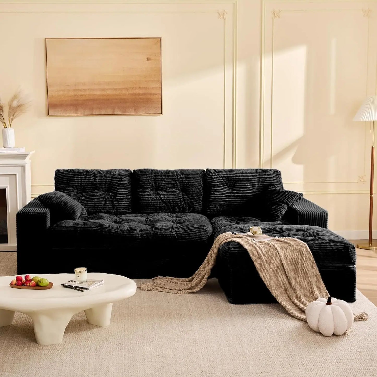 Modular Sectional Sofa, 102” L-Shaped Corduroy Couch with Ottoman, Deep Seat Comfy Sectional for Living Room, Set, Customized