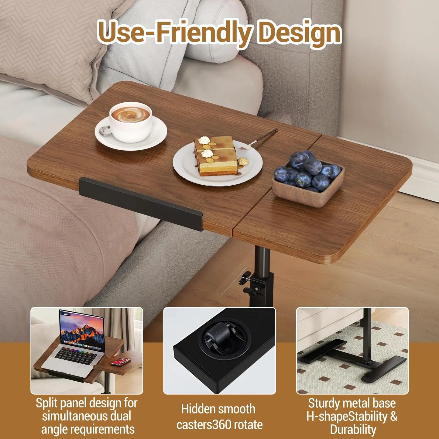 Overbed Bedside Table with Wheels, Tiltable Hospital Bed Table Over The Bed, Pneumatic Adjustable Rolling Laptop Desk