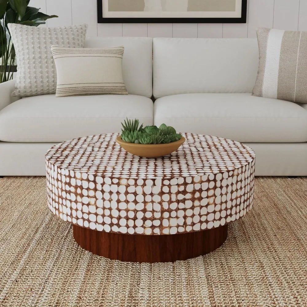 Round Coffee Table – White Boho Cocktail Table with Coconut Shell Inlay, 34.75" Coastal Accent Table ,Customized