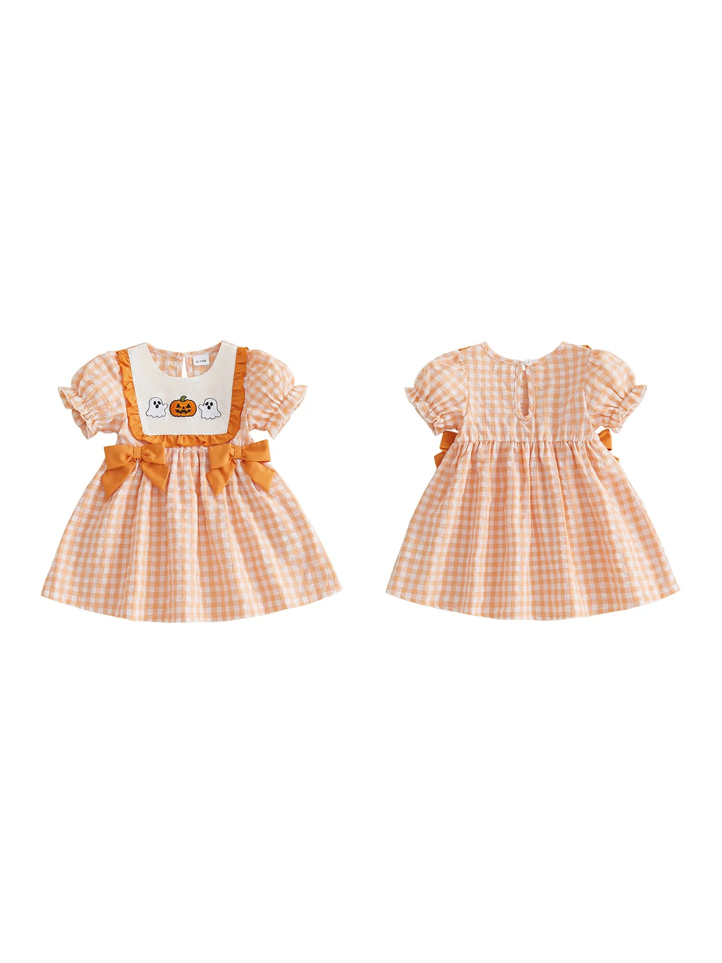 Cute Baby Girl Halloween Costume Puff Sleeve Crew Neck Pumpkin Ghost Embroidery Plaid Dress with A-Line Skirt