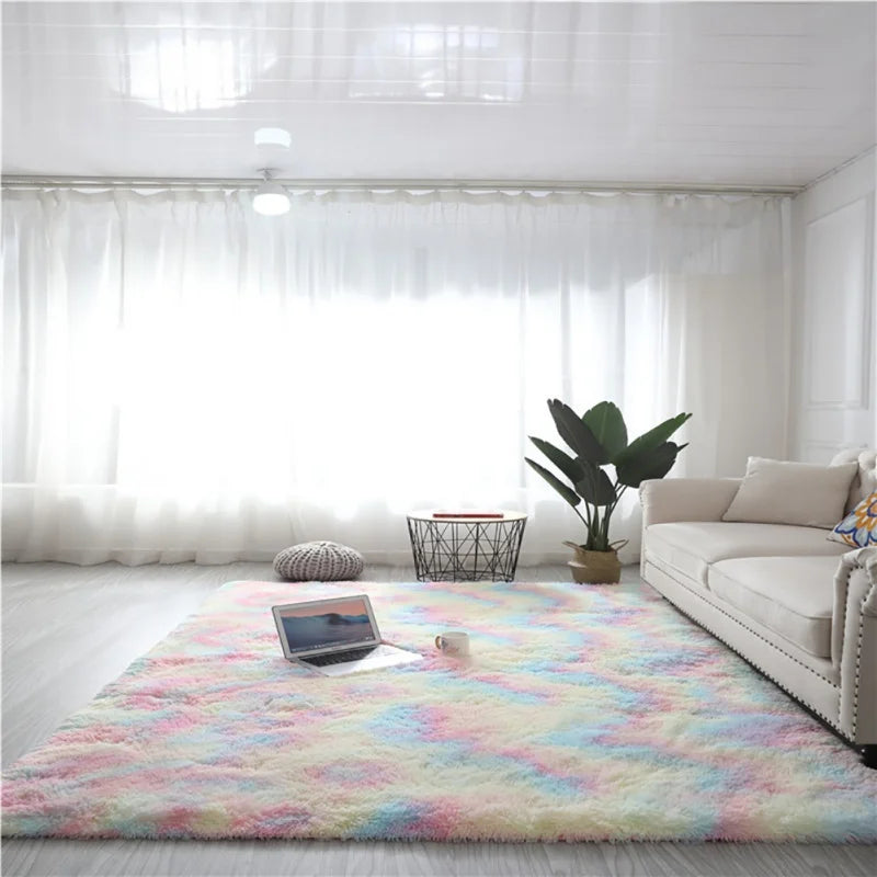 Fluffy Bedroom Rug Carpet Rugs for Bedroom Soft Long Plush Rug Tie-Dye Rainbow Area Rugs for Living Room Cute Room Decorations