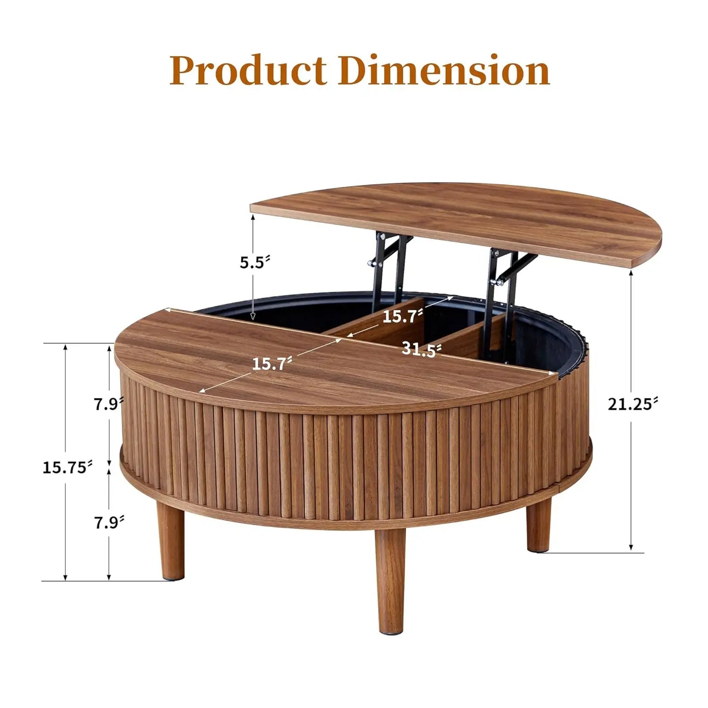 Round Lift Top Coffee Table with Storage, Fluted Mid Century Modern Coffee Tables, Small Space,31.5" Wooden Center, Customized
