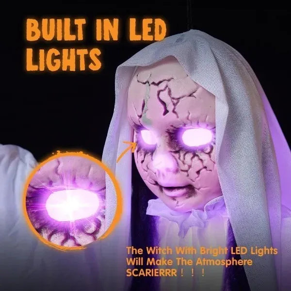 43" Outdoor Halloween Decoration, Scary Girl Hanging Ghost Decor Sound Activated with Light-up Head for Yard, Patio, Haunted House Lawn Garden