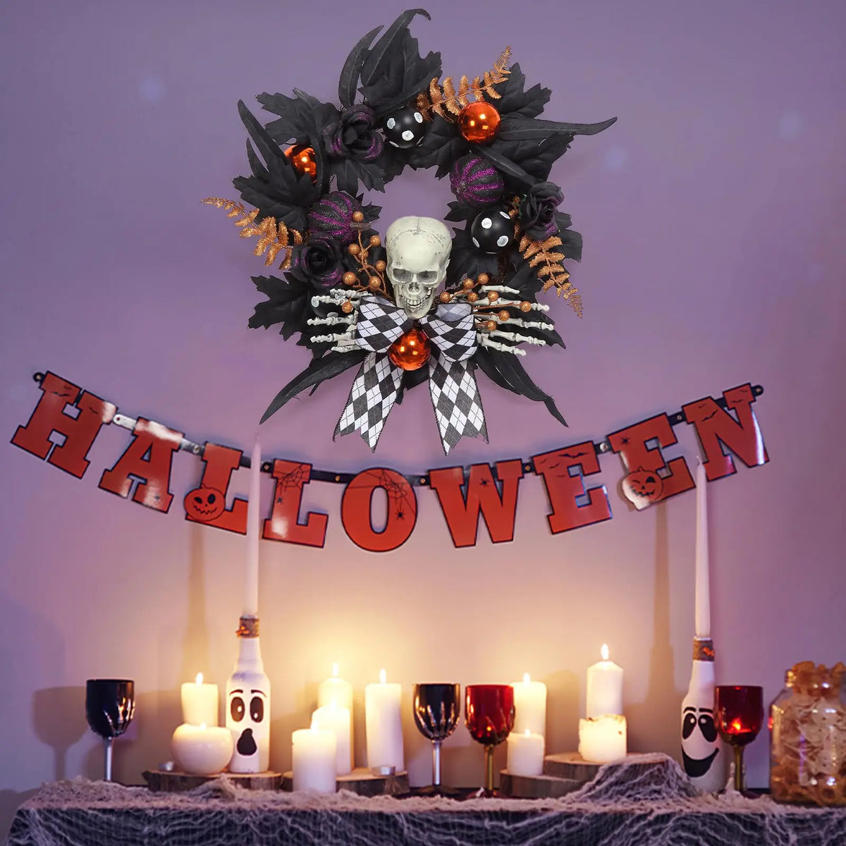 20in Halloween Skeleton Wreath Gothic Skull Hands Black Feathers Pumpkins Front Door Porch Wall Window Party Decor Indoor Outdoor