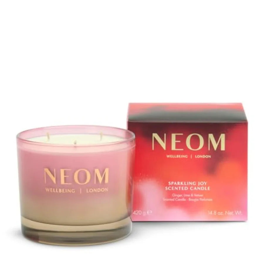 Sparkling Joy Scented Candle for living room, soy wax, amber-gold, 3-wick design with invigorating ginger, lime and vetiver fra
