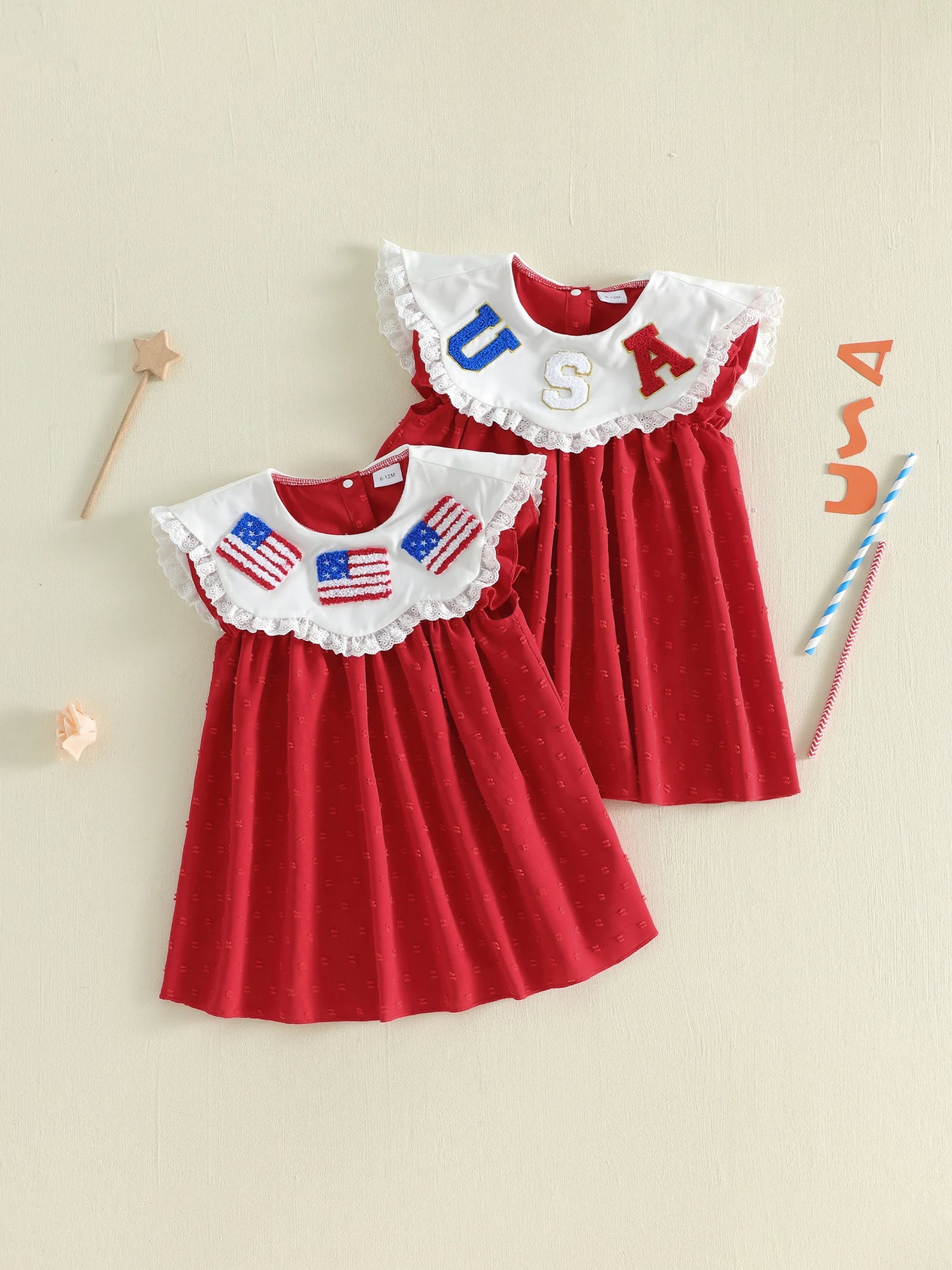 Toddler Girl s Patriotic Dress with Flutter Sleeves Crew Neck American Flag Bow Embroidery and A-Line Silhouette Perfect for
