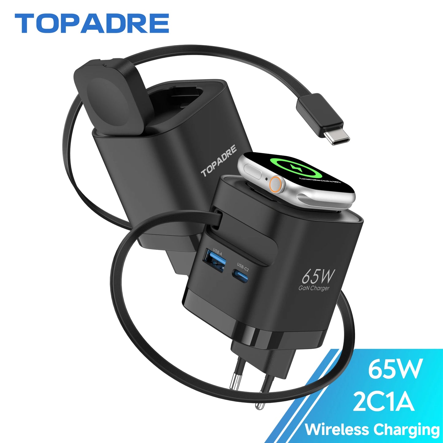 TOPADRE Retractable 65W For Apple Watch Wireless Charger, Rapid Charging for Macbook, for iPhone, iPad Smartphone, Foldable