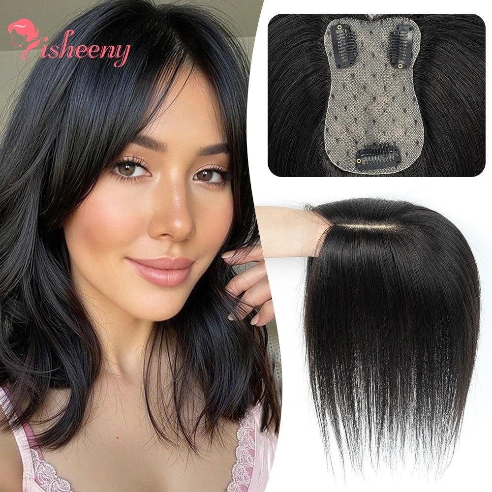Human Hair Topper With Side Bangs For Women With Clips Straight Hair Toupee 7x11cm Elegant Style Clips In Topper Realistic Scalp