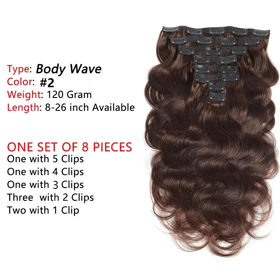 8Pcs #2 Dark Brown Body Wave Hair Clip In Hair Extensions Human Hair 100% Unprocessed Brazilian Remy Virgin Human Hair For Women