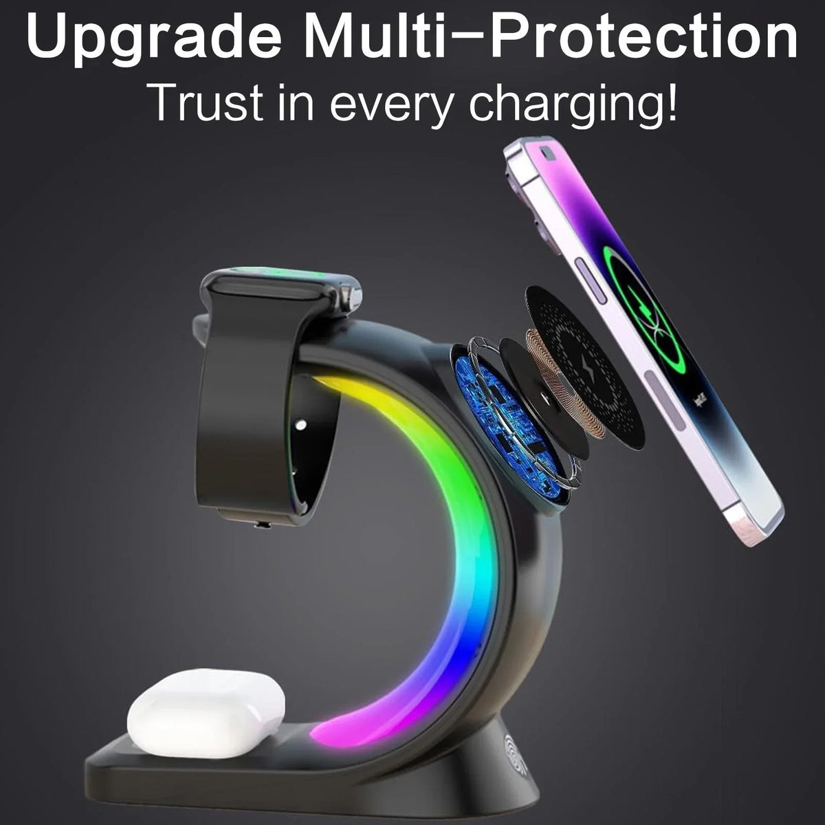 15W Fast Wireless Charger 3-in-1 Magnetic Stand 6-Color RGB Light Multi-Device Charging Station for Apple Devices iPhone AirPods Apple Watch Home Office Desk Bedside Table Organizer Gift Box Packing Travel Foldable