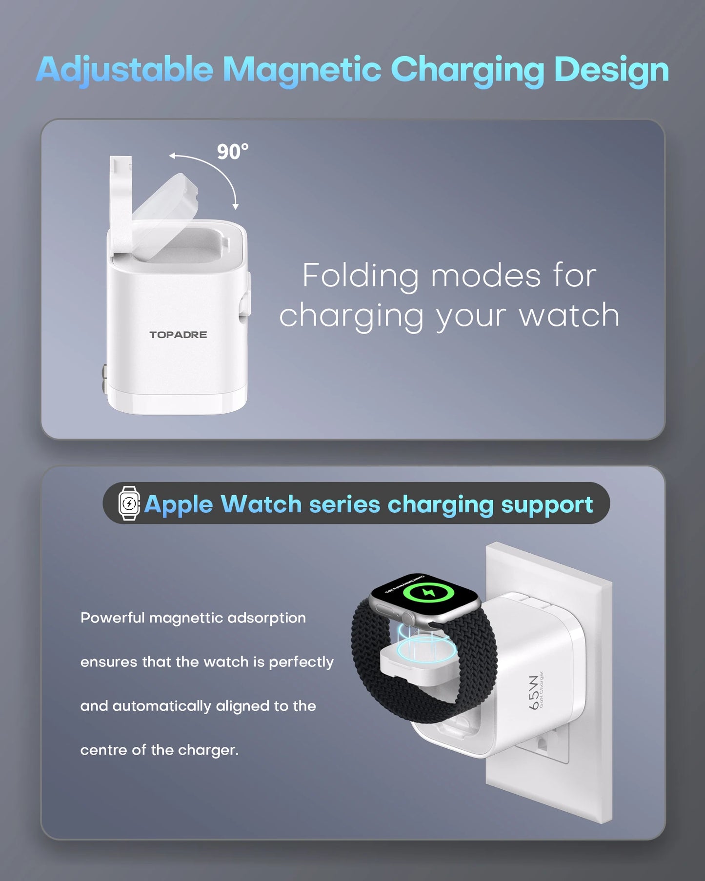 TOPADRE Retractable 65W For Apple Watch Wireless Charger, Rapid Charging for Macbook, for iPhone, iPad Smartphone, Foldable