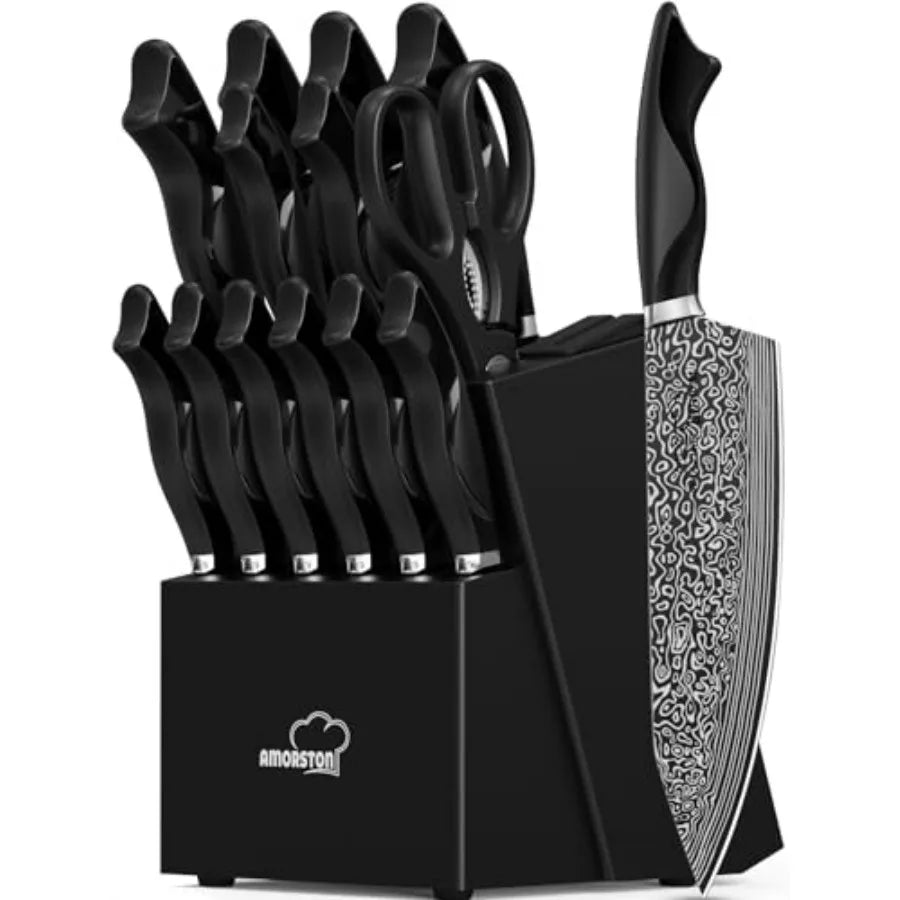 15-Piece Kitchen Knife Set with Built-in Sharpener High Carbon German Stainless Steel Dishwasher Safe Black Handle