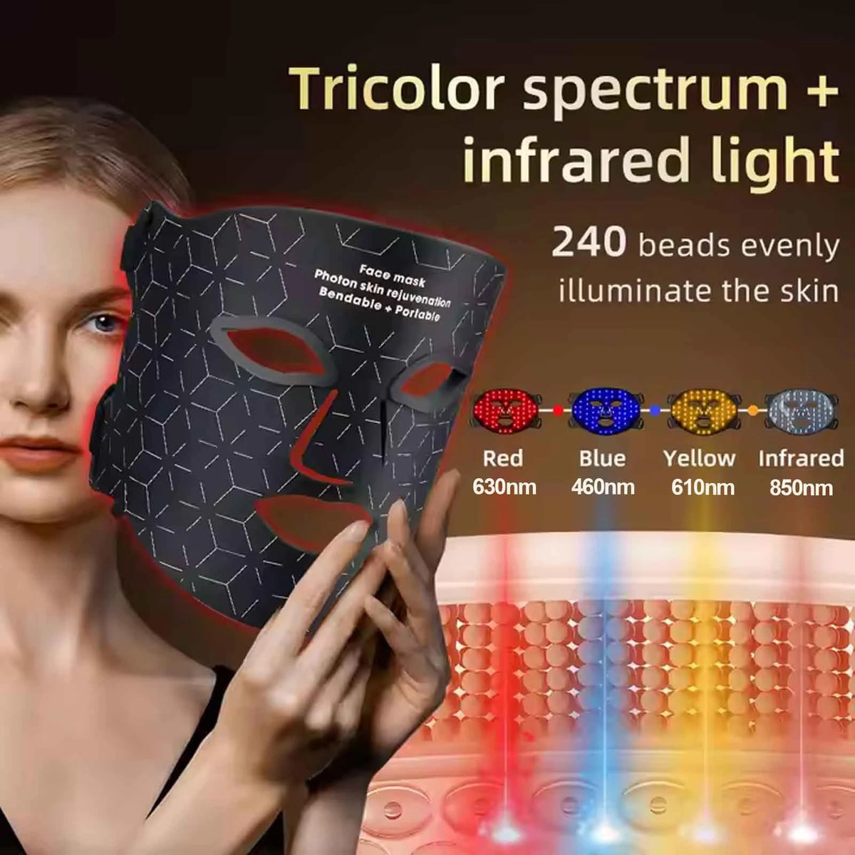4 Modes Portable Led Face Mask Light Therapy for Anti-Aging Wrinkles Skin Rejuvenation Home Use Red Light Therapy Mask for Face