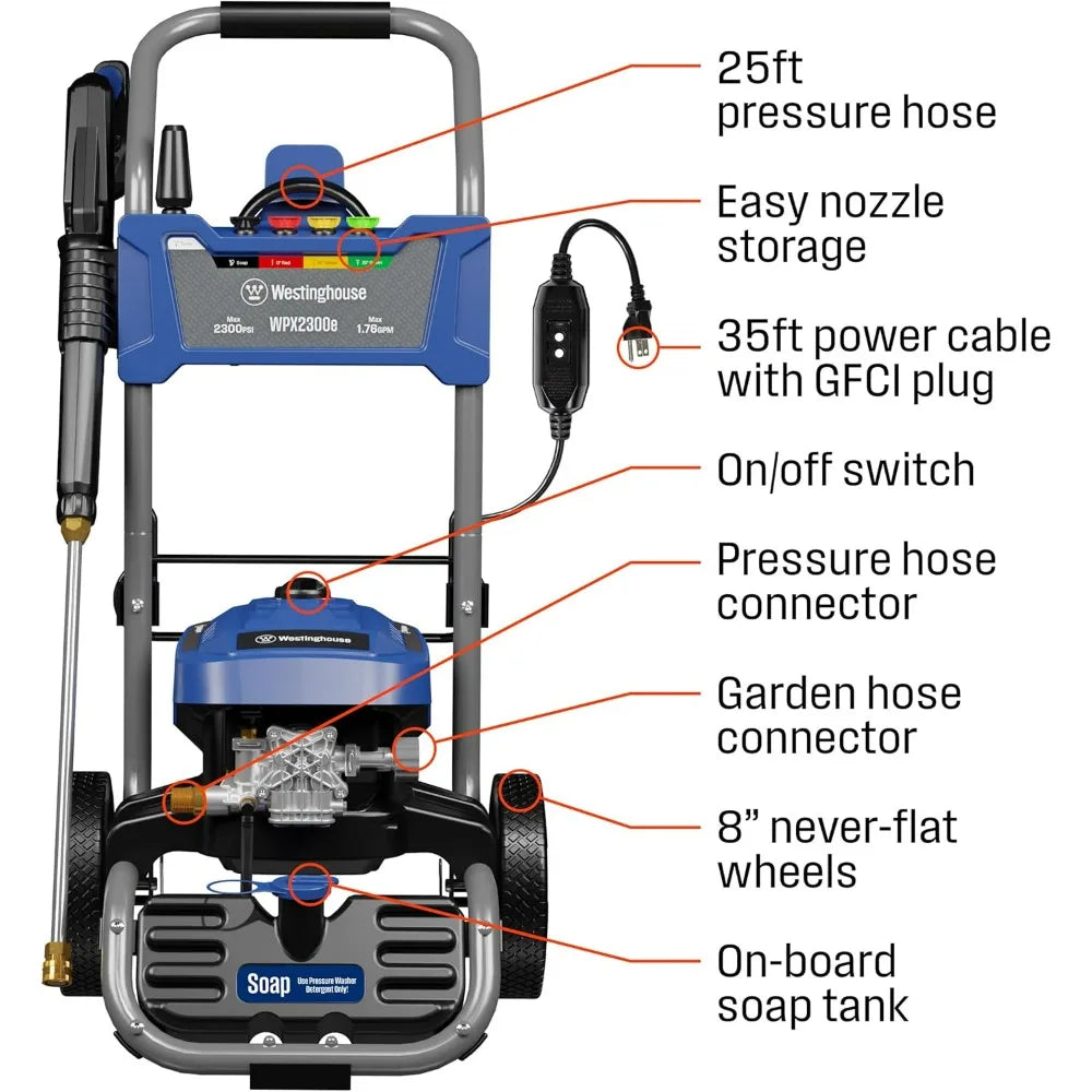 2025new-Westinghouse 2300 PSI Electric Pressure Washer with 1.76 GPM, Induction Motor, Built-in Soap Tank and Spray Gun