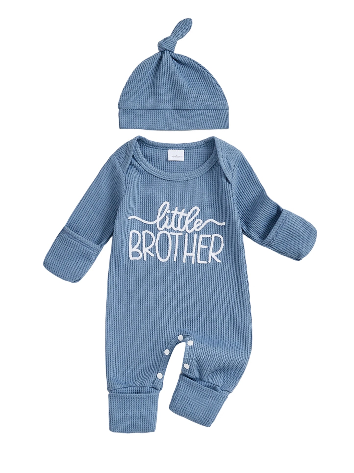 Infant Boy Romper and Beanie Set with Long Sleeves and Embroidered Letters - Adorable Newborn Outfit for Your Little One