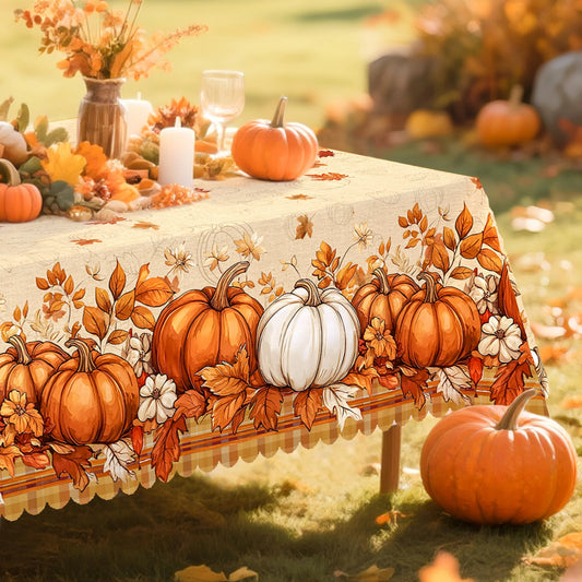 Autumn Farmhouse Tablecloth, Beige & Orange Decor, Pumpkin & Autumn Leaf Patterns, Contemporary & Vintage Style, Available in Round, Rectangle, Oval Shapes, Suitable for Restaurant, Party, Family Dinner, Festival, Outdoor, Pi