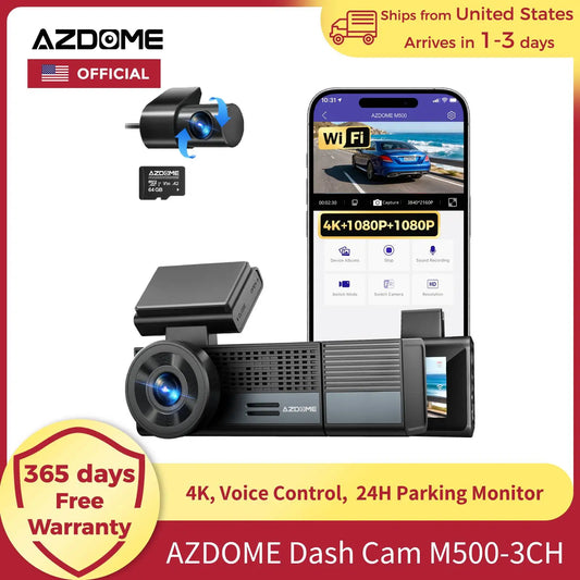 【US Warehouses】AZDOME M500 4K Dash Cam 3-Channel Record WiFi GPS Dash Camera for Cars Voice Control Night Vision 24H Parking Mon