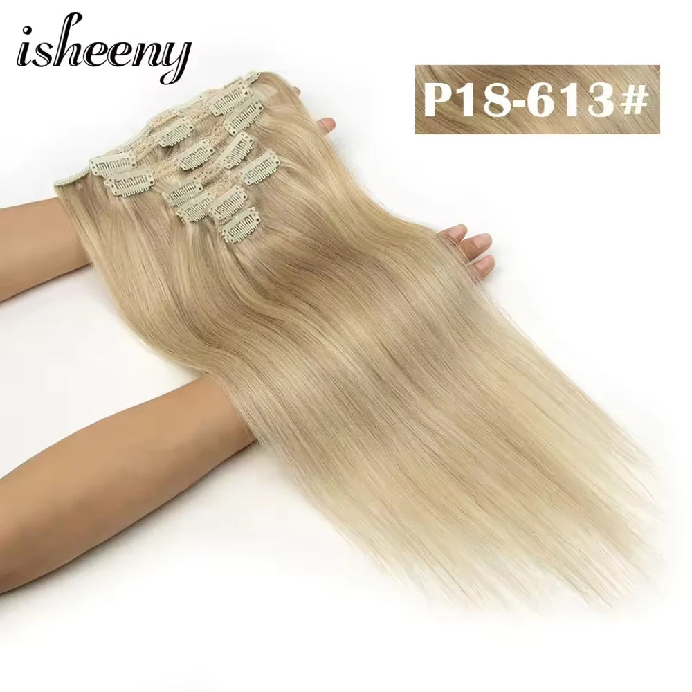 Clip In 100 % Human Hair Extensions Natural Straight 12-24 inches Clip Hair Extension Human Hairpiece 100-120g 7pcs/set isheeny