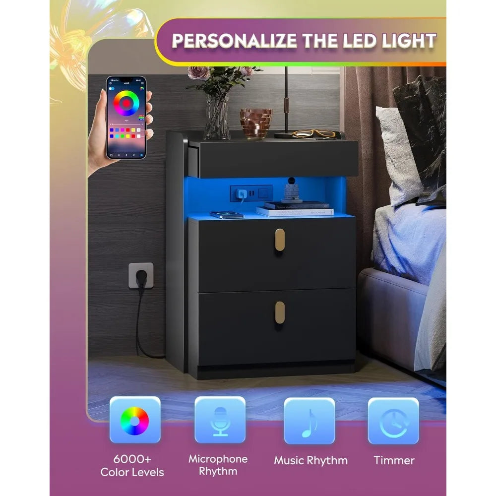 LED Bedside Table, 2-piece Set, with Charging Station, Bedside Table with Sliding Top, Bedside Table with Drawers, Coffee Table