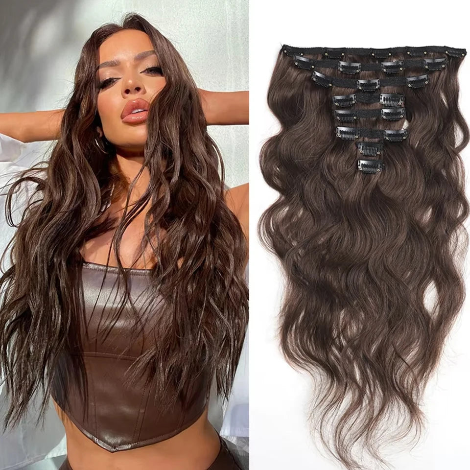 8Pcs #2 Dark Brown Body Wave Hair Clip In Hair Extensions Human Hair 100% Unprocessed Brazilian Remy Virgin Human Hair For Women